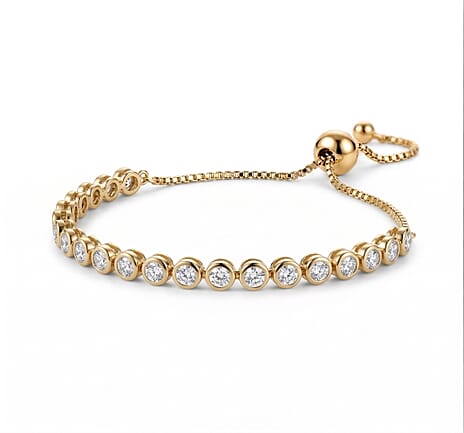 EverTrue White Diamond Adjustable Tennis Bracelet (Size - 10.5) in Yellow Gold Tone