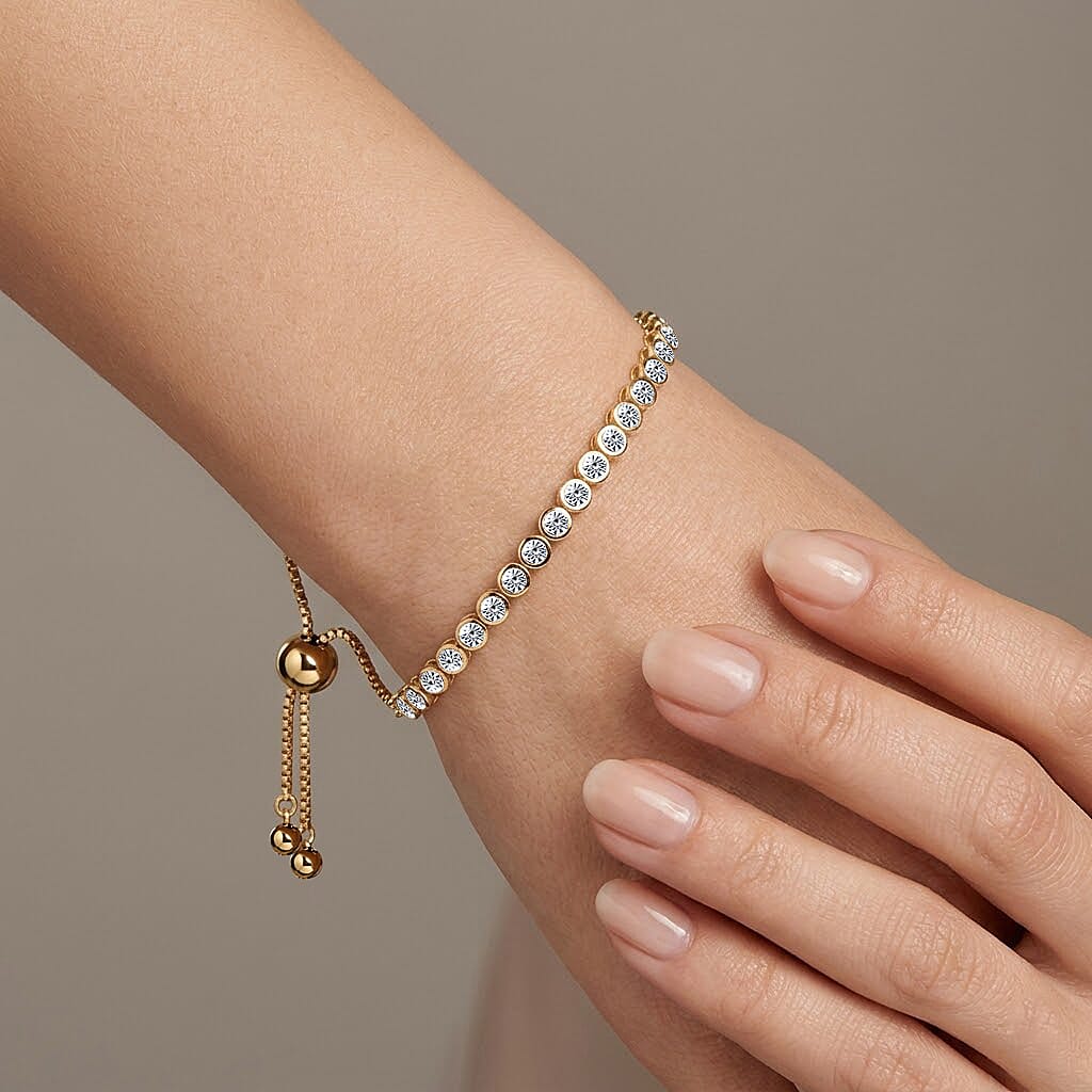 EverTrue White Diamond Adjustable Tennis Bracelet (Size - 10.5) in Yellow Gold Tone