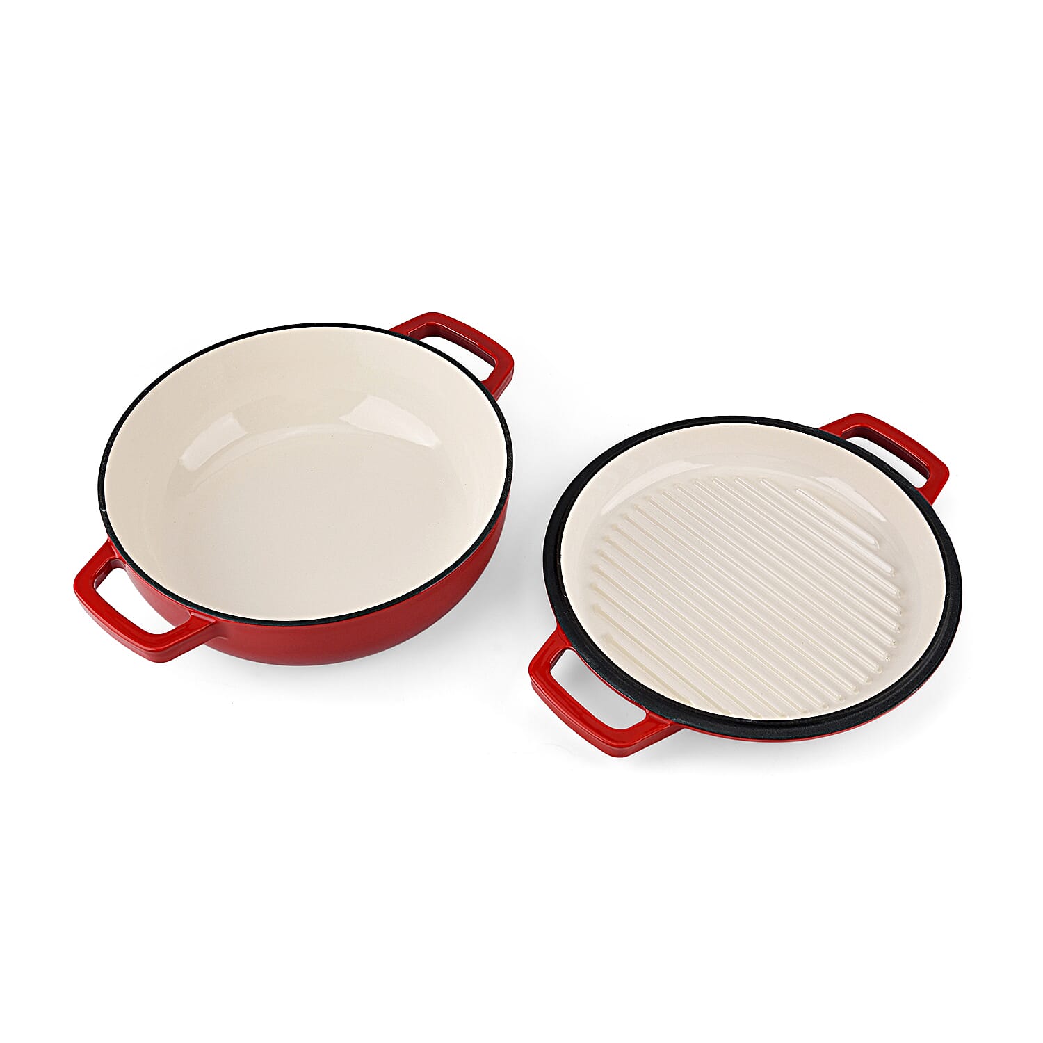 LIVMORE 2-in-1 Enameled Cast Iron Grill Pan with Reversible Grill Lid - LIFETIME WARRANTY - Red