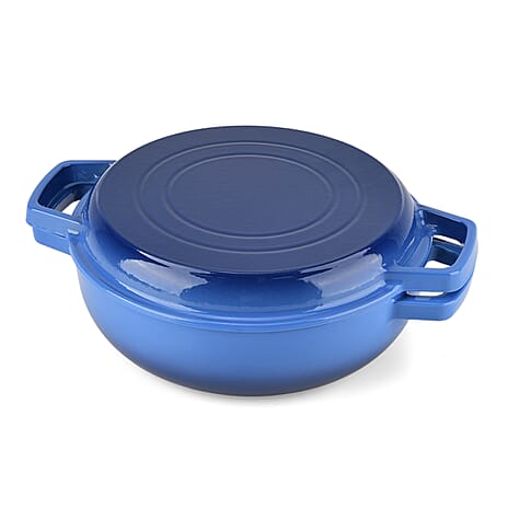 LIVMORE 2-in-1 Enameled Cast Iron Grill Pan with Reversible Grill Lid - LIFETIME WARRANTY - Blue