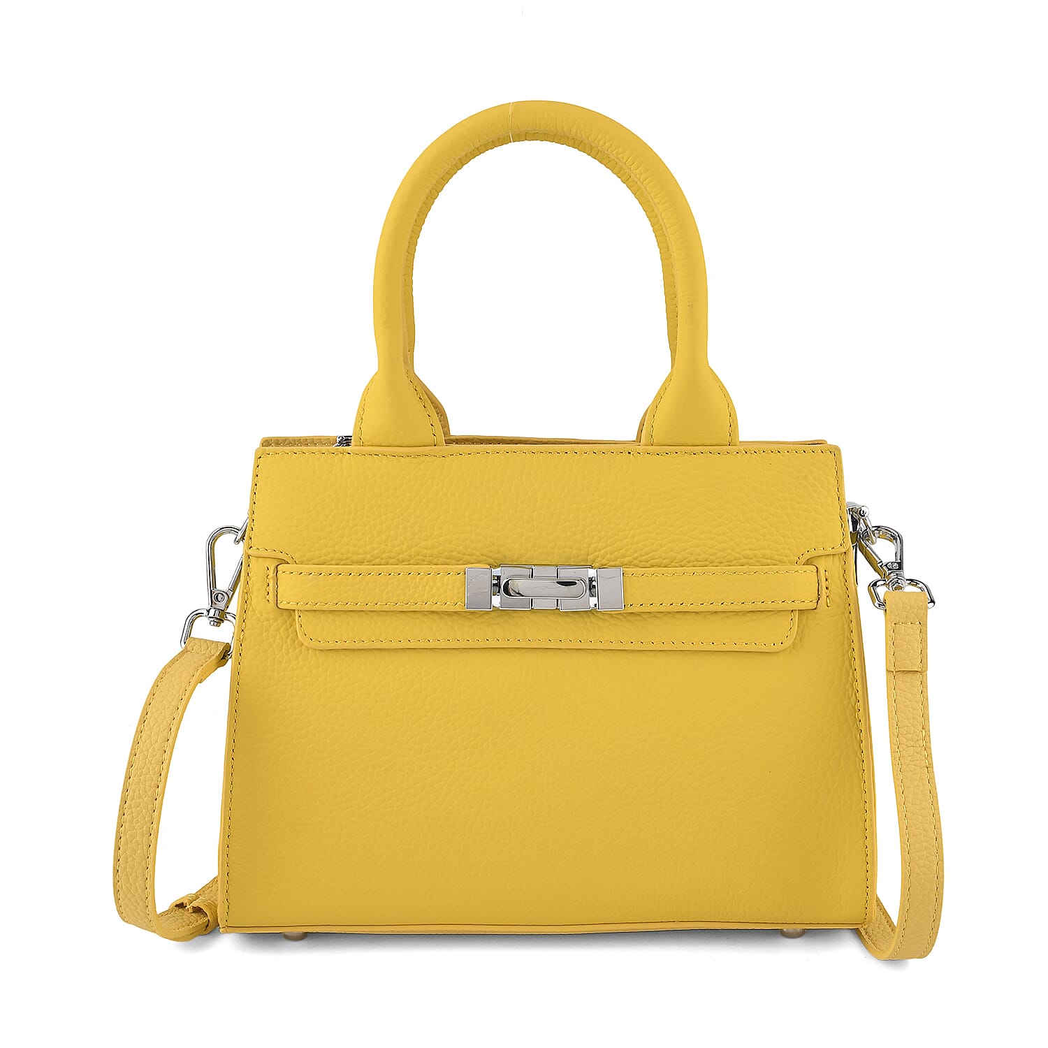 Genuine Leather Structured Top-Handle Satchel Bag with Crossbody Strap - Yellow