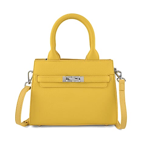 Genuine Leather Structured Top-Handle Satchel Bag with Crossbody Strap - Yellow