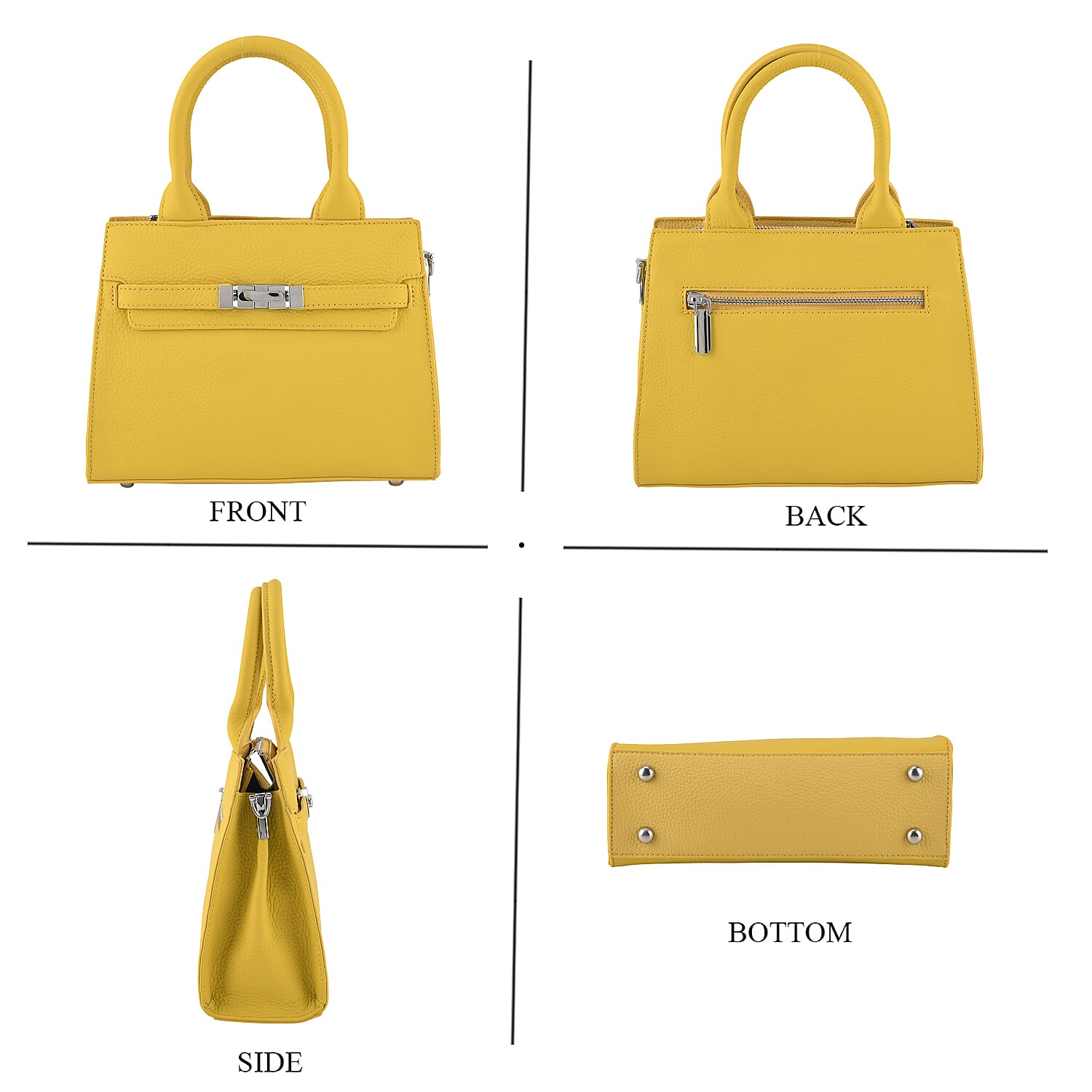 Genuine Leather Structured Top-Handle Satchel Bag with Crossbody Strap - Yellow