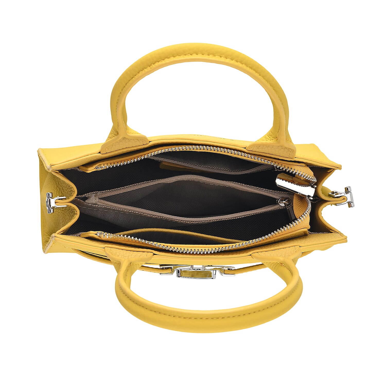Genuine Leather Structured Top-Handle Satchel Bag with Crossbody Strap - Yellow