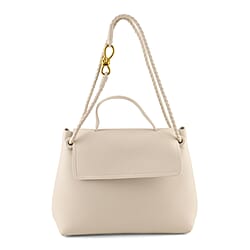 Genuine Leather Minimalist Flapover Satchel Shoulder Bag with Double Cord Strap - Off White