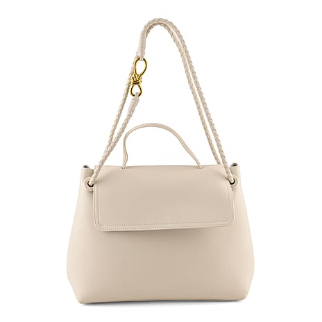 Genuine Leather Minimalist Flapover Satchel Shoulder Bag with Double Cord Strap - Off White
