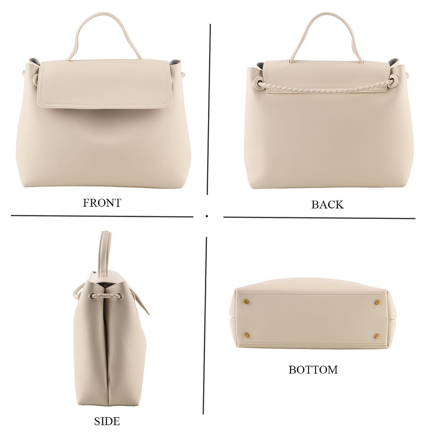 Genuine Leather Minimalist Flapover Satchel Shoulder Bag with Double Cord Strap - Off White