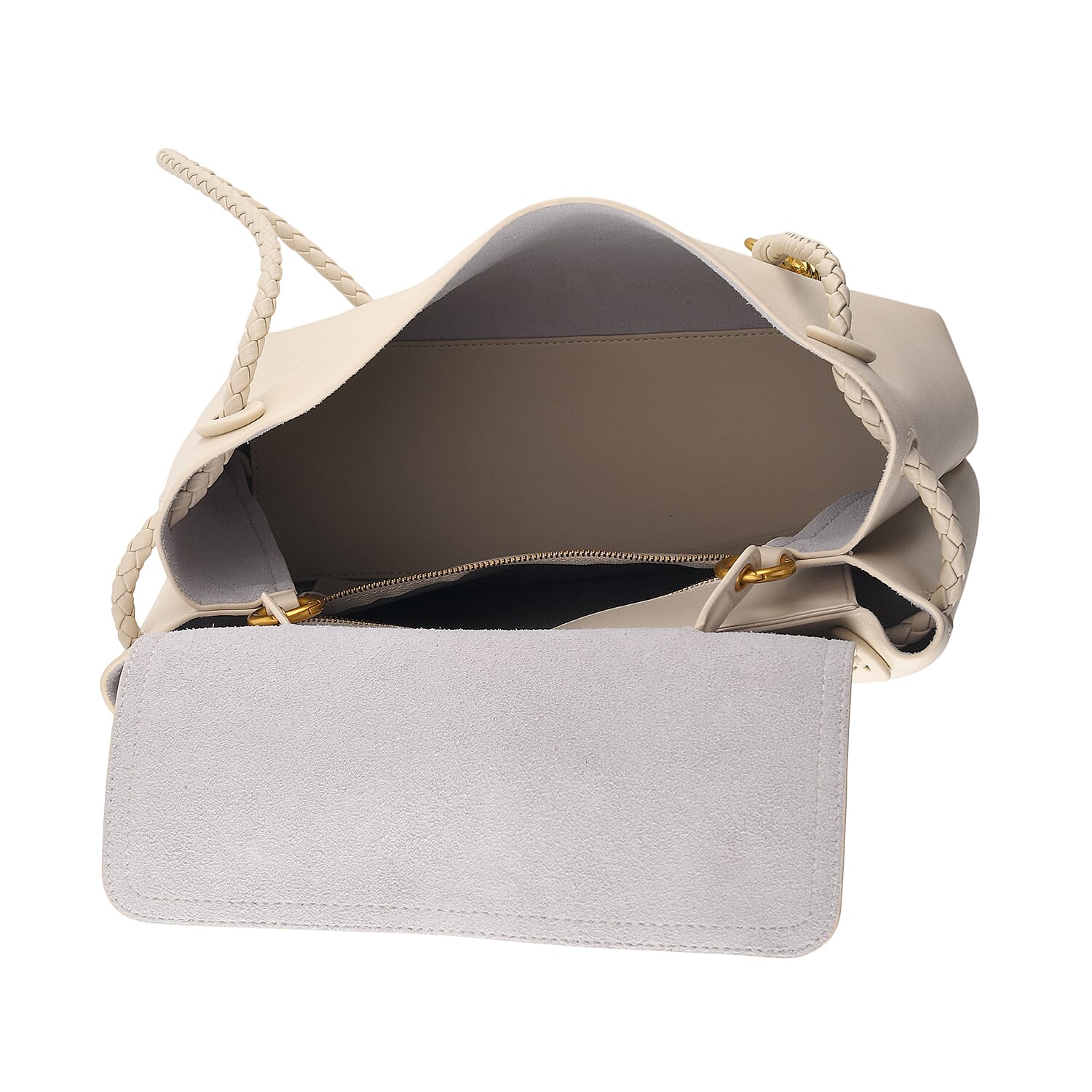 Genuine Leather Minimalist Flapover Satchel Shoulder Bag with Double Cord Strap - Off White