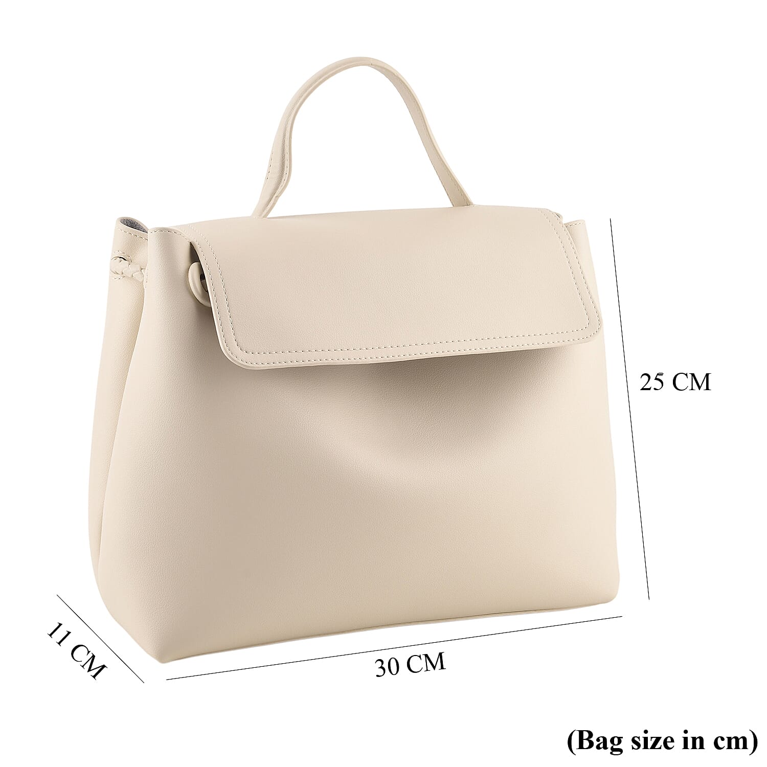 Genuine Leather Minimalist Flapover Satchel Shoulder Bag with Double Cord Strap - Off White