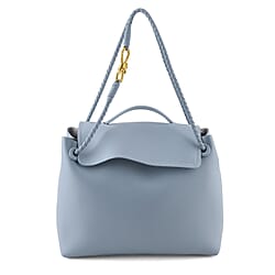 Genuine Leather Minimalist Flapover Satchel Shoulder Bag with Double Cord Strap - Off White