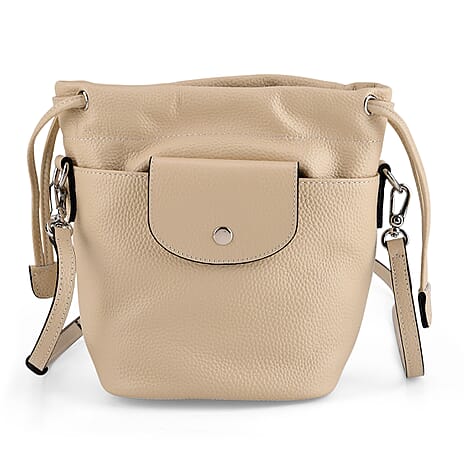 Valissiere Designer Inspired Genuine Leather Drawstring Bucket Bag With Crossbody Strap - Cream