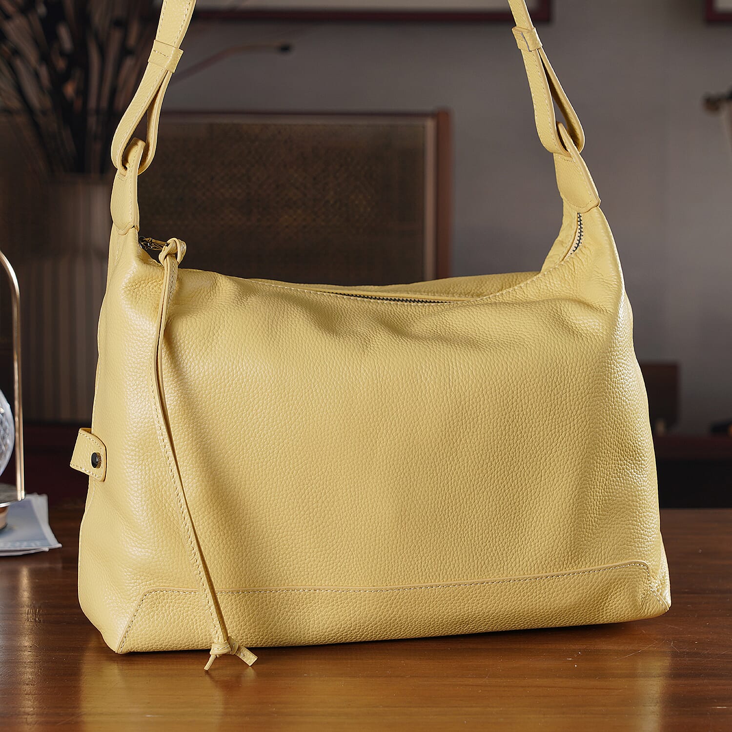 Genuine Leather Hobo Shoulder Bag With Adjustable Strap - Yellow