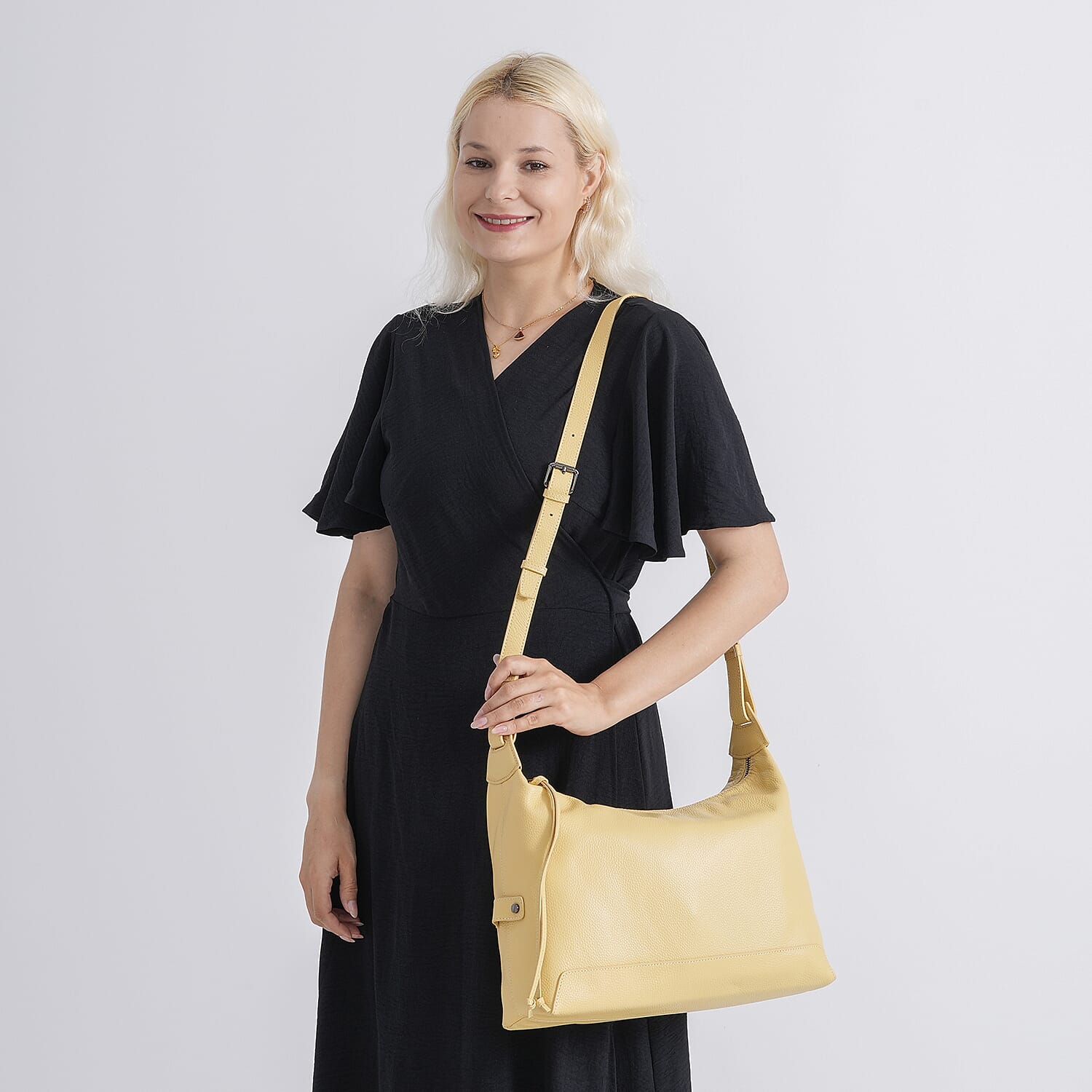 Genuine Leather Hobo Shoulder Bag With Adjustable Strap - Yellow