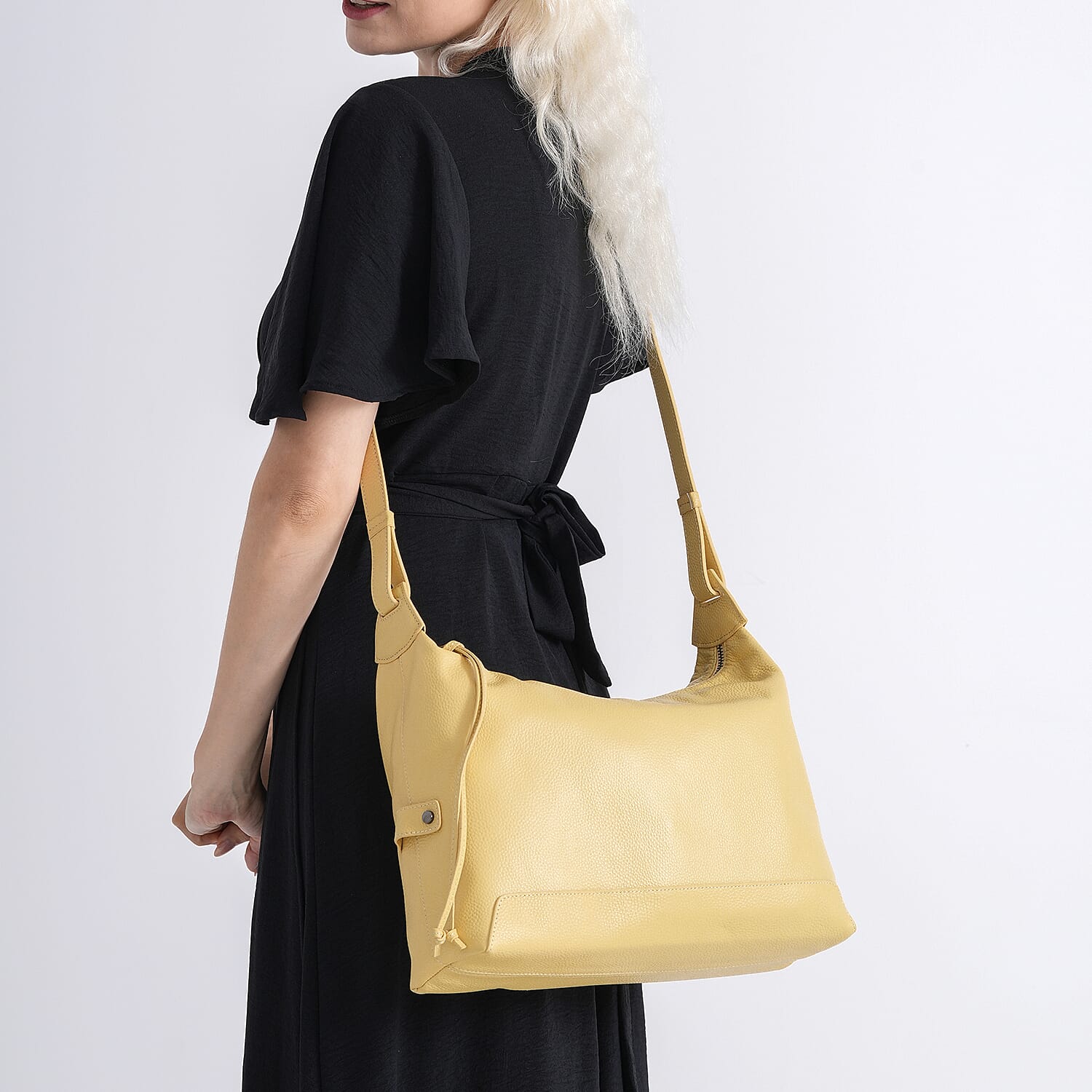 Genuine Leather Hobo Shoulder Bag With Adjustable Strap - Yellow