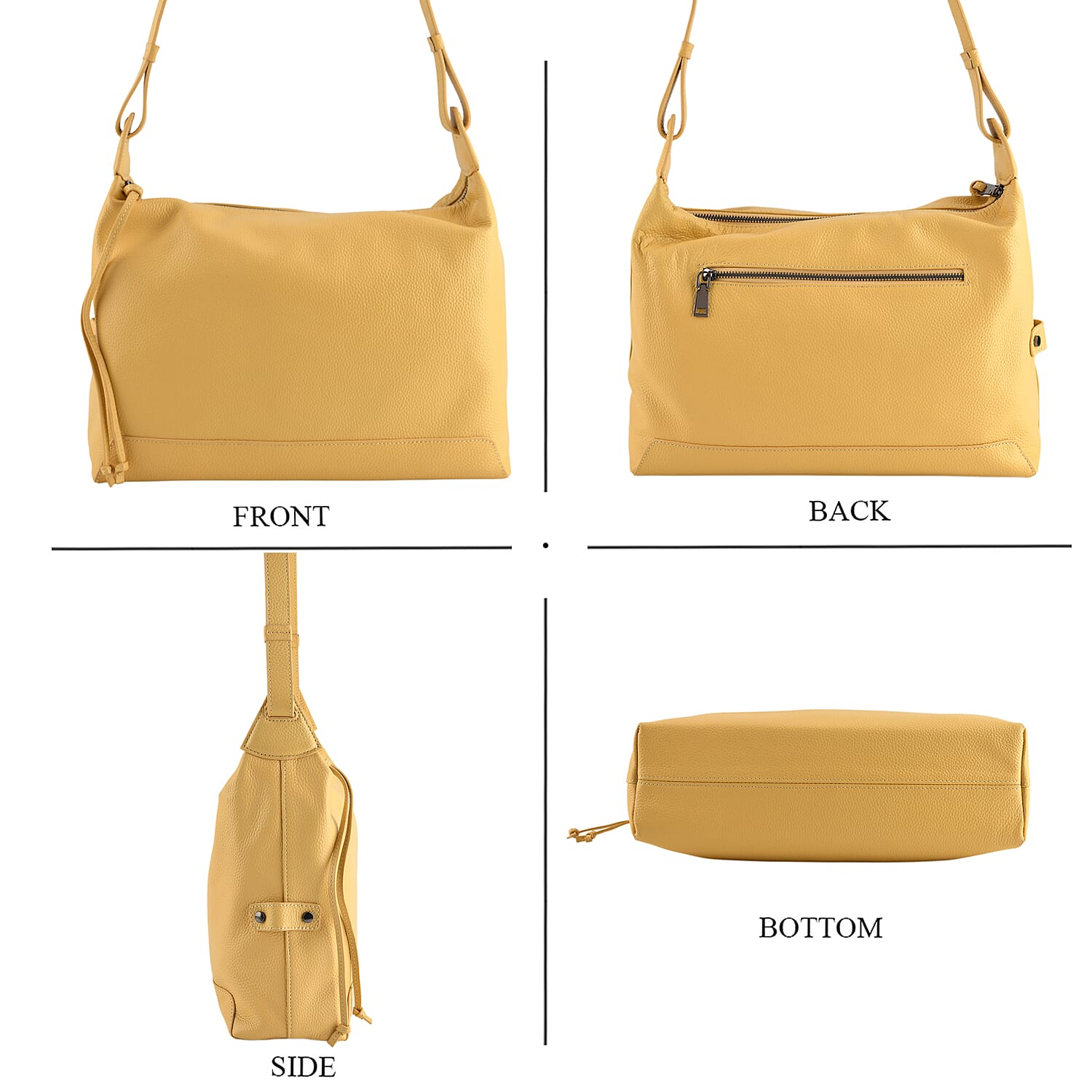Genuine Leather Hobo Shoulder Bag With Adjustable Strap - Yellow