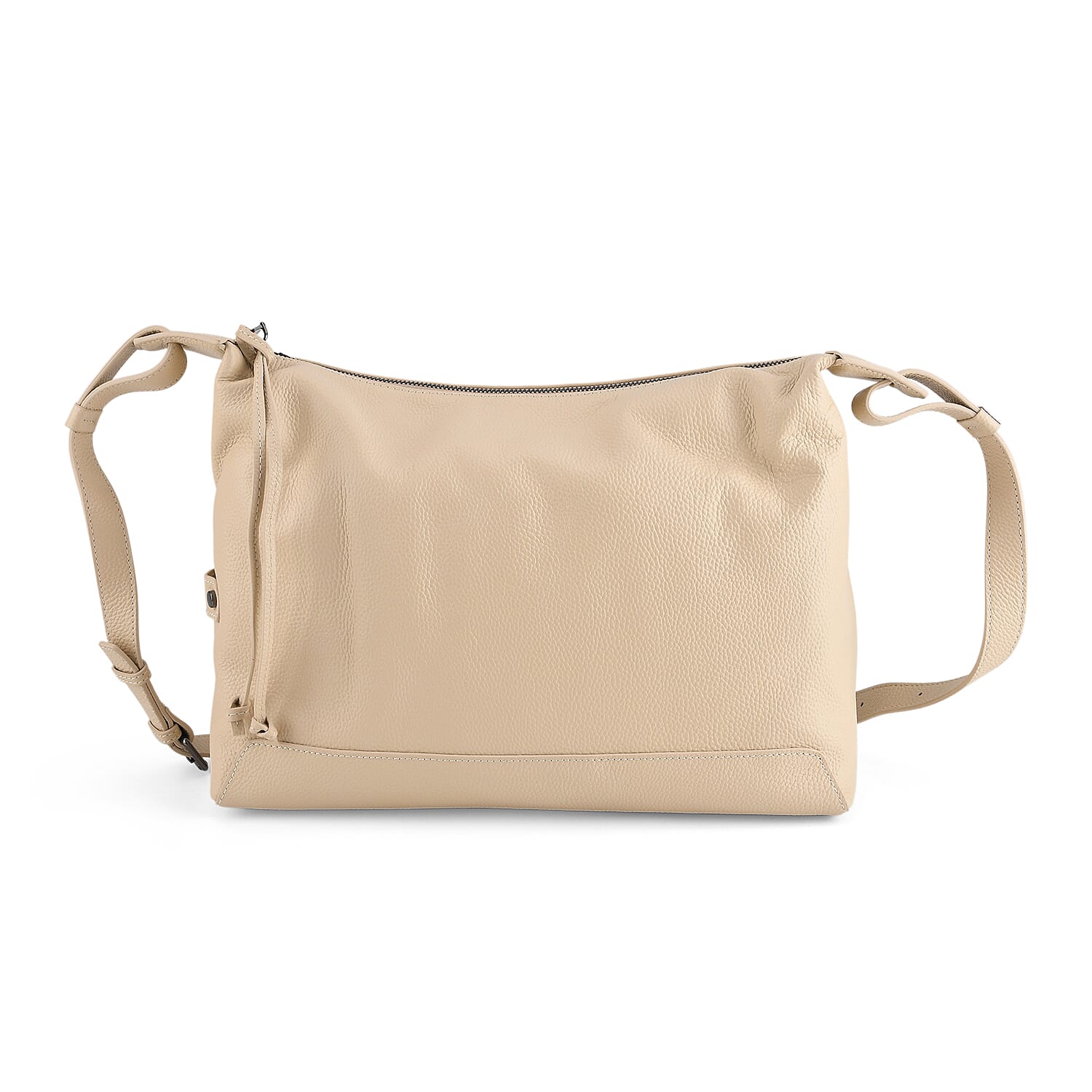 Genuine Leather Hobo Shoulder Bag With Adjustable Strap - Beige