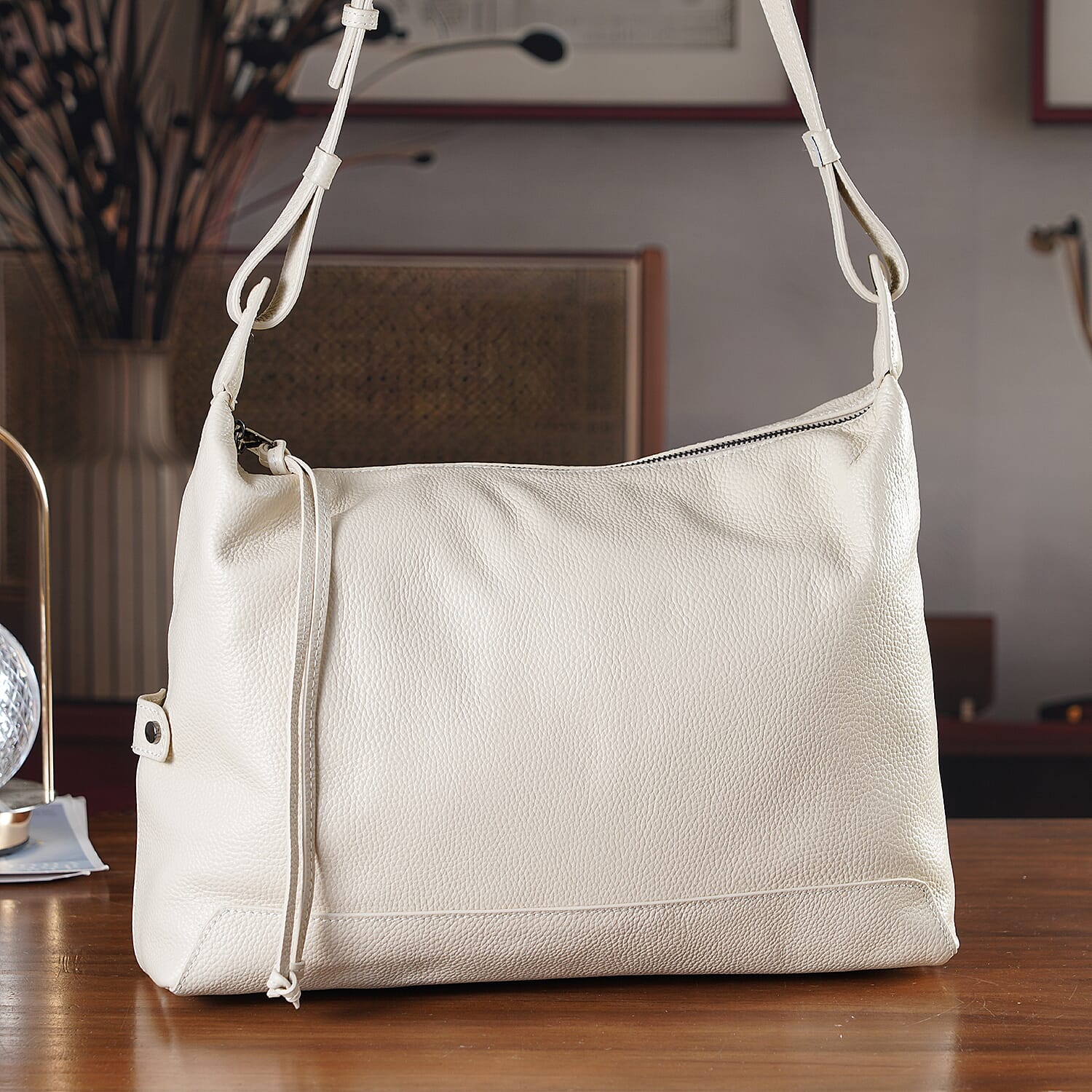 Genuine Leather Hobo Shoulder Bag With Adjustable Strap - Beige