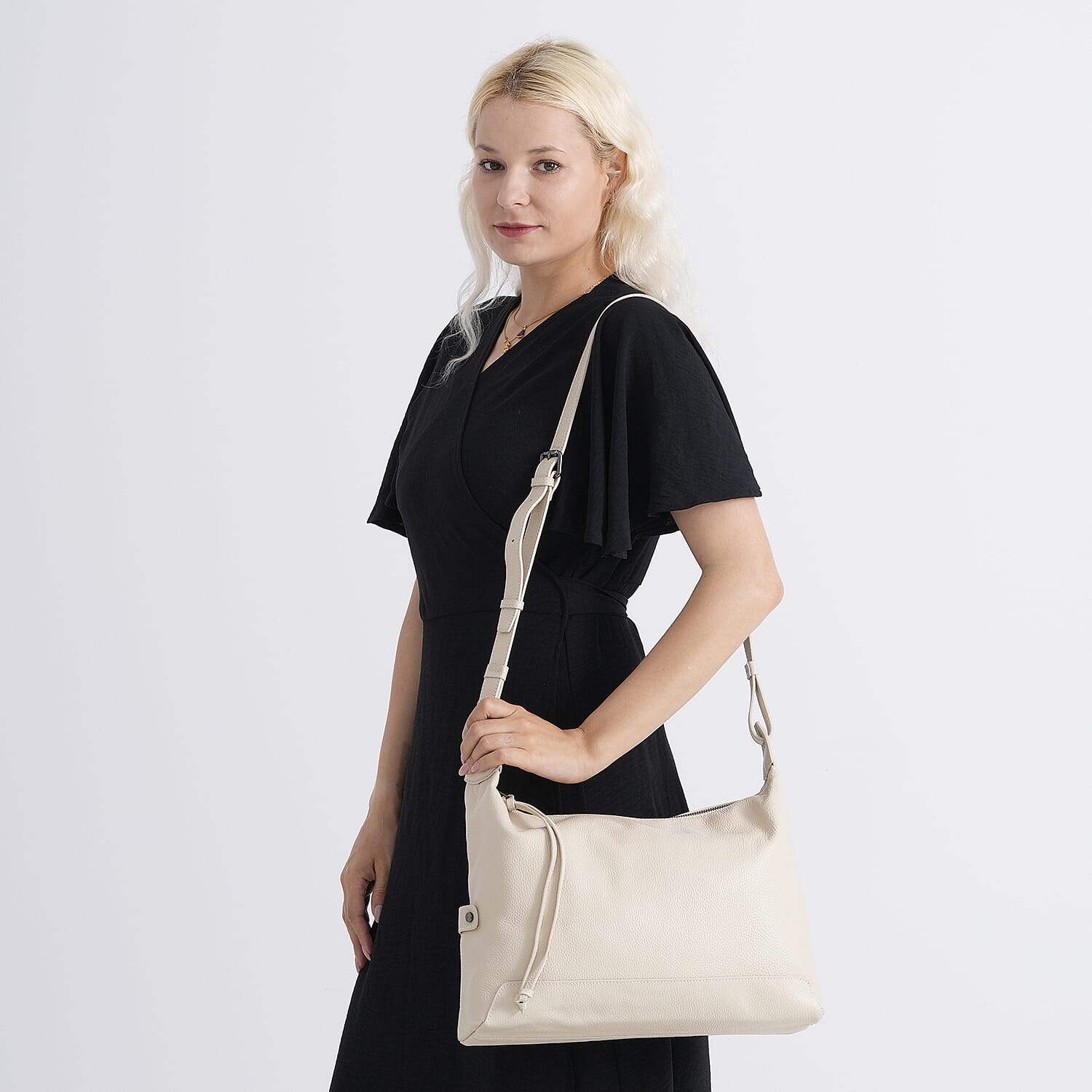 Genuine Leather Hobo Shoulder Bag With Adjustable Strap - Beige