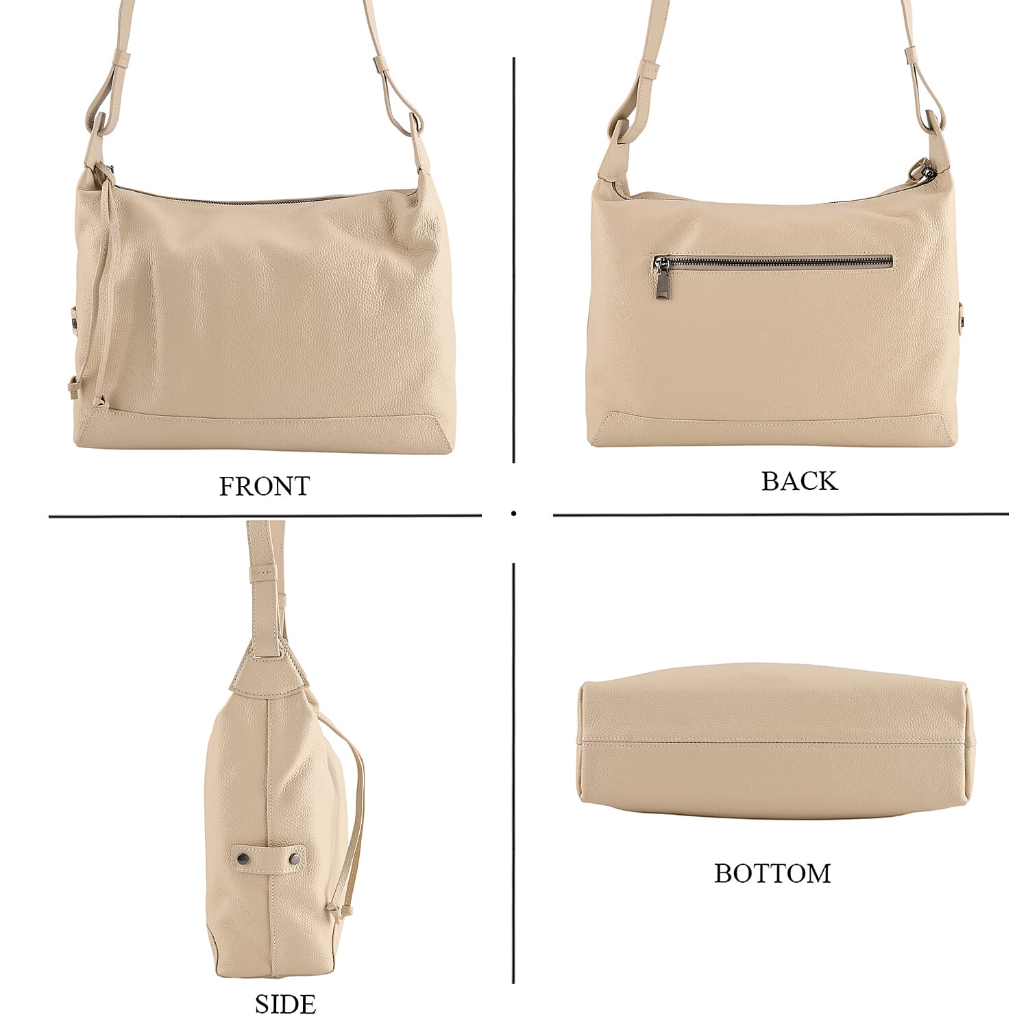 Genuine Leather Hobo Shoulder Bag With Adjustable Strap - Beige