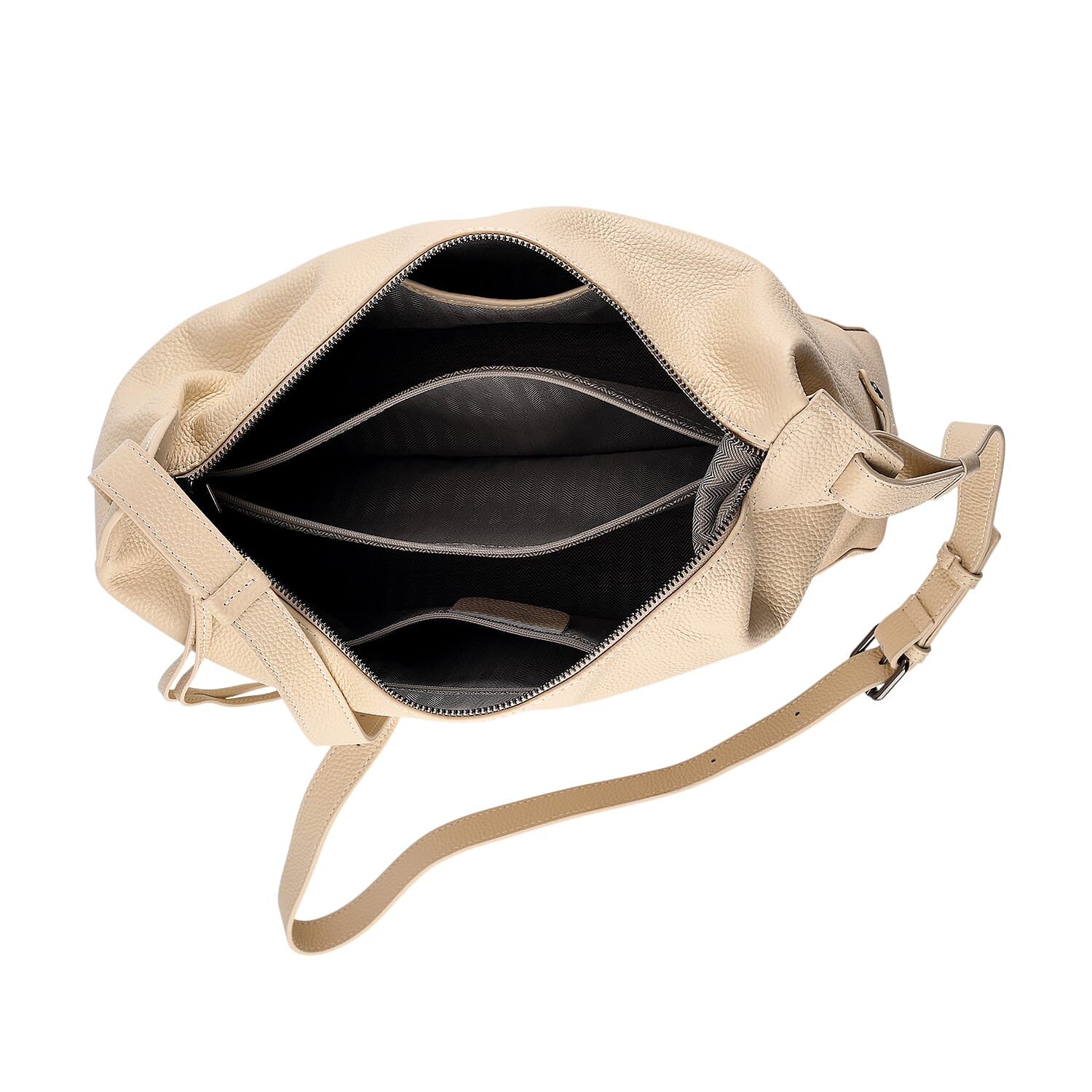 Genuine Leather Hobo Shoulder Bag With Adjustable Strap - Beige