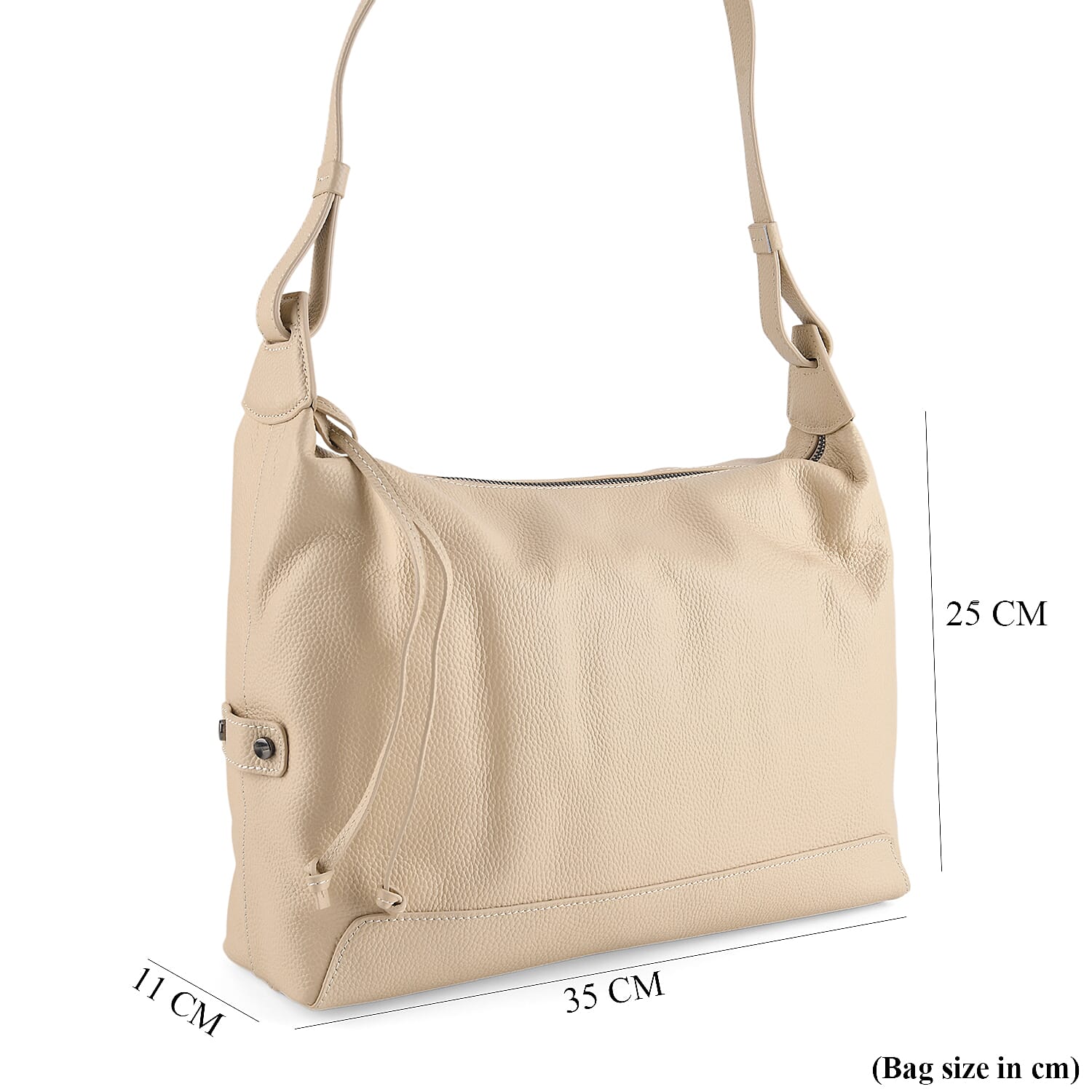 Genuine Leather Hobo Shoulder Bag With Adjustable Strap - Beige