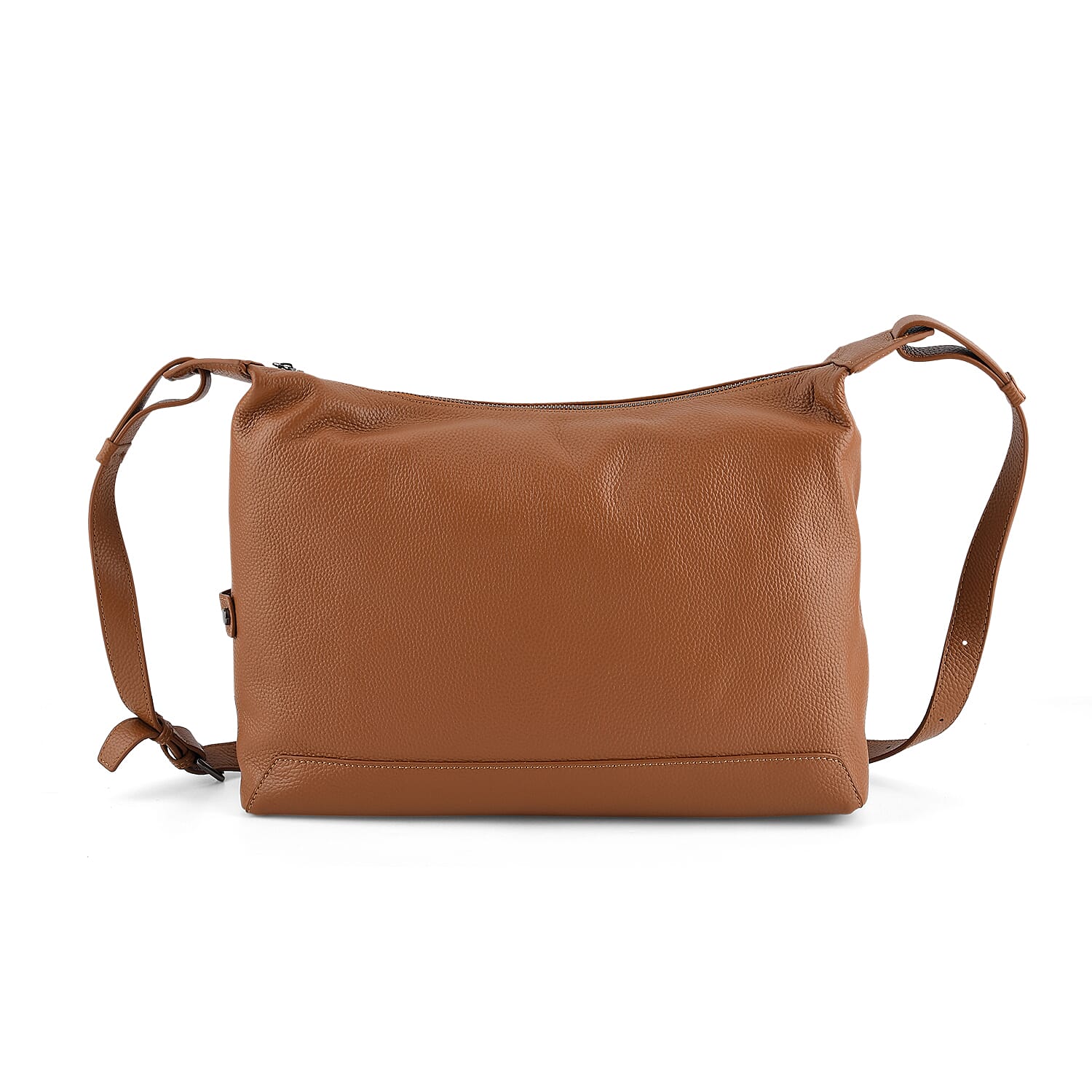 Genuine Leather Hobo Shoulder Bag With Adjustable Strap - Tan