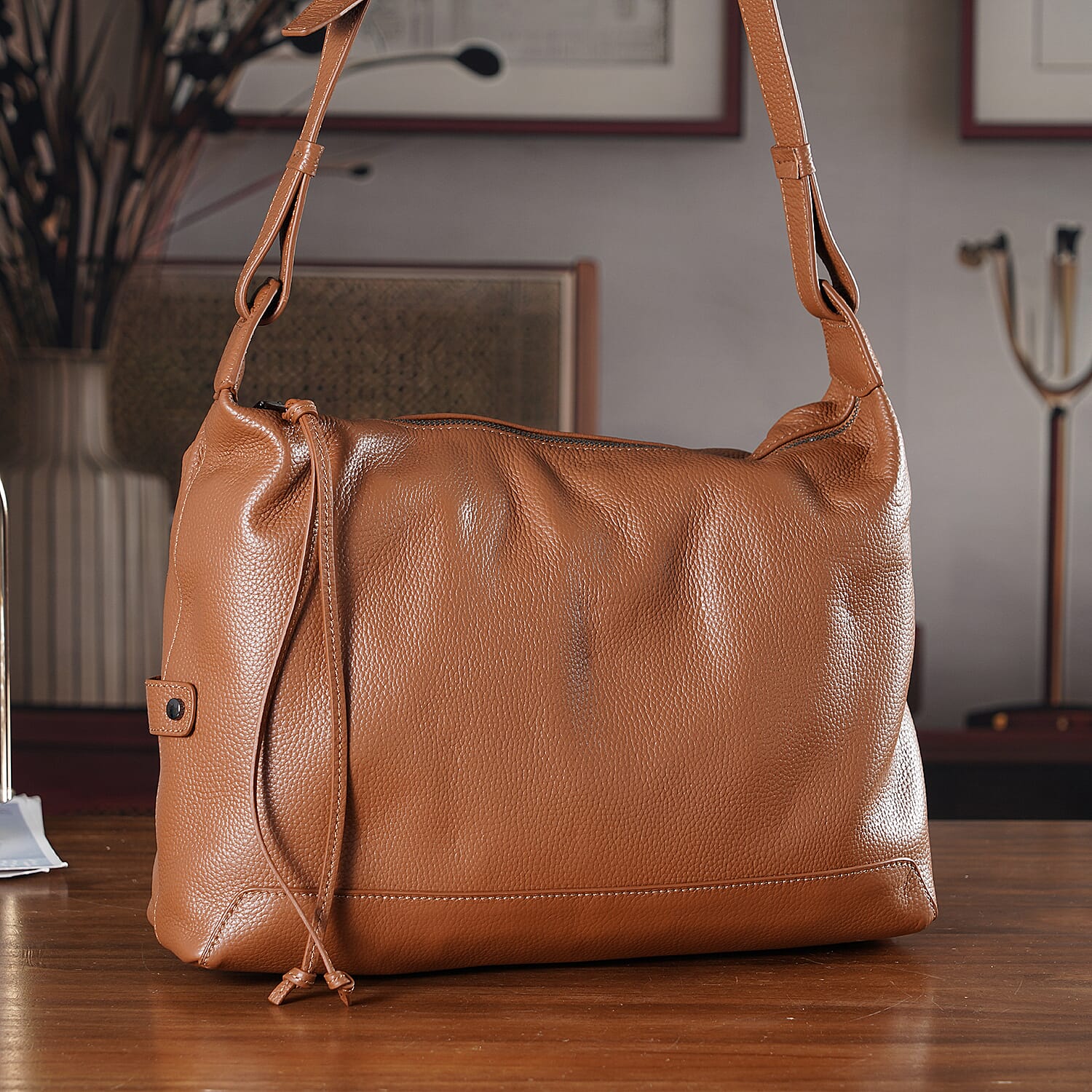 Genuine Leather Hobo Shoulder Bag With Adjustable Strap - Tan