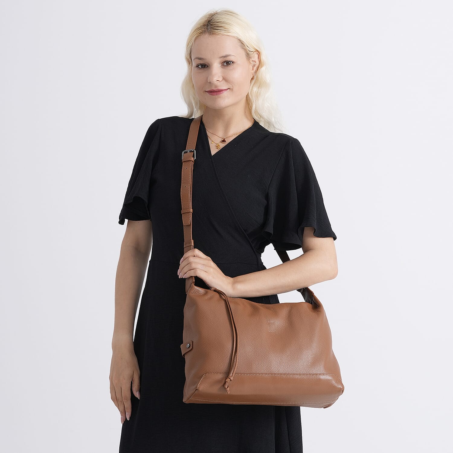 Genuine Leather Hobo Shoulder Bag With Adjustable Strap - Tan