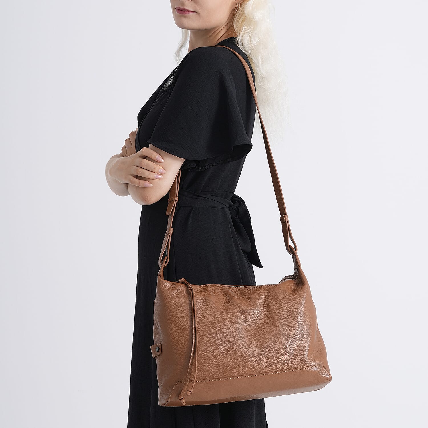 Genuine Leather Hobo Shoulder Bag With Adjustable Strap - Tan