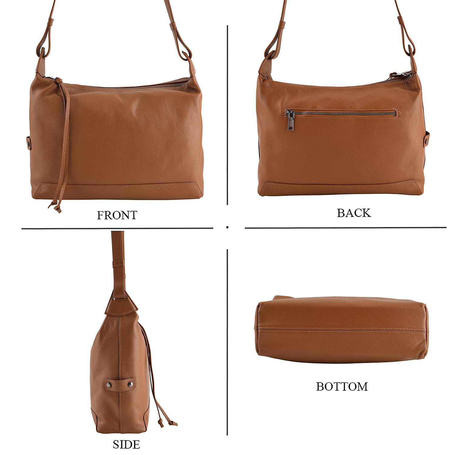 Genuine Leather Hobo Shoulder Bag With Adjustable Strap - Tan