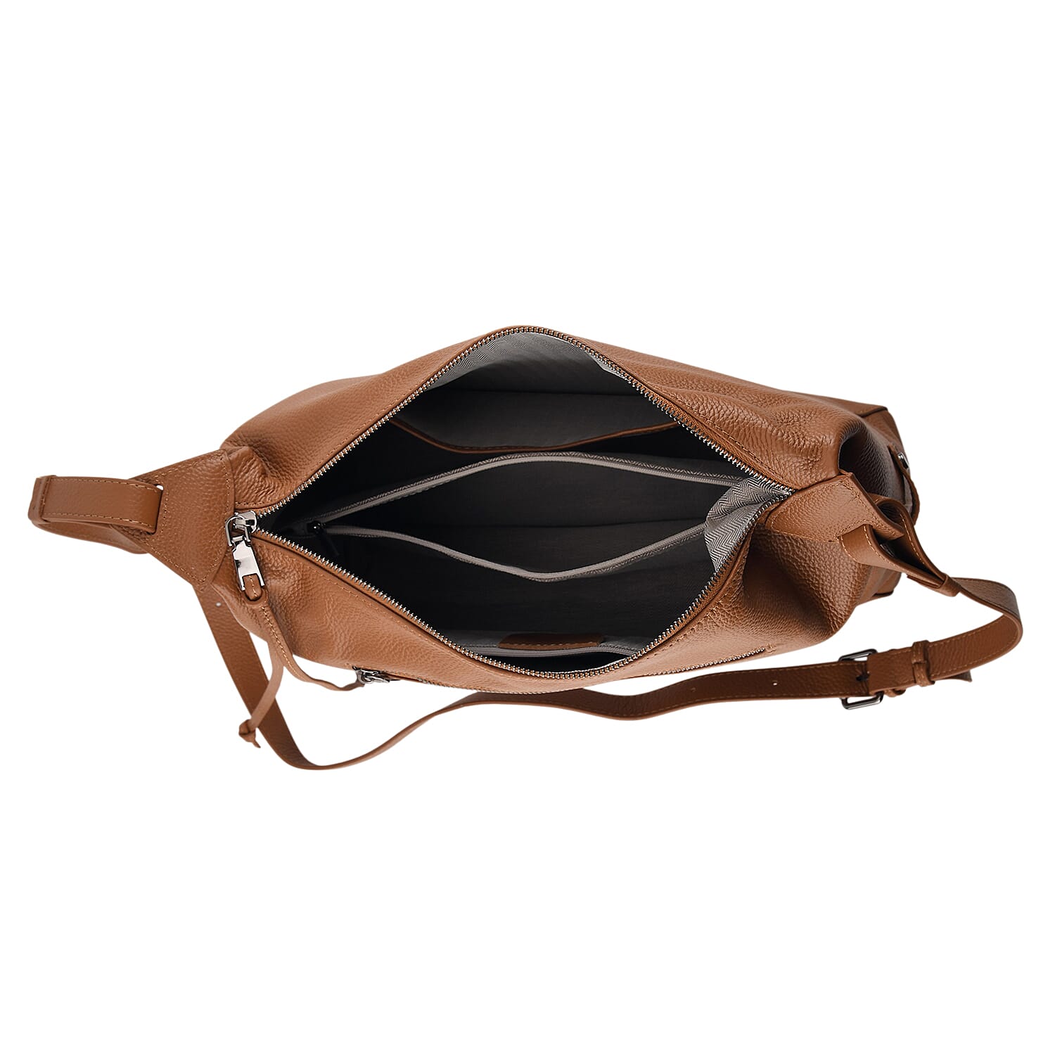 Genuine Leather Hobo Shoulder Bag With Adjustable Strap - Tan