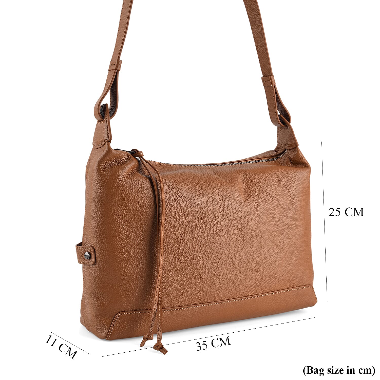 Genuine Leather Hobo Shoulder Bag With Adjustable Strap - Tan