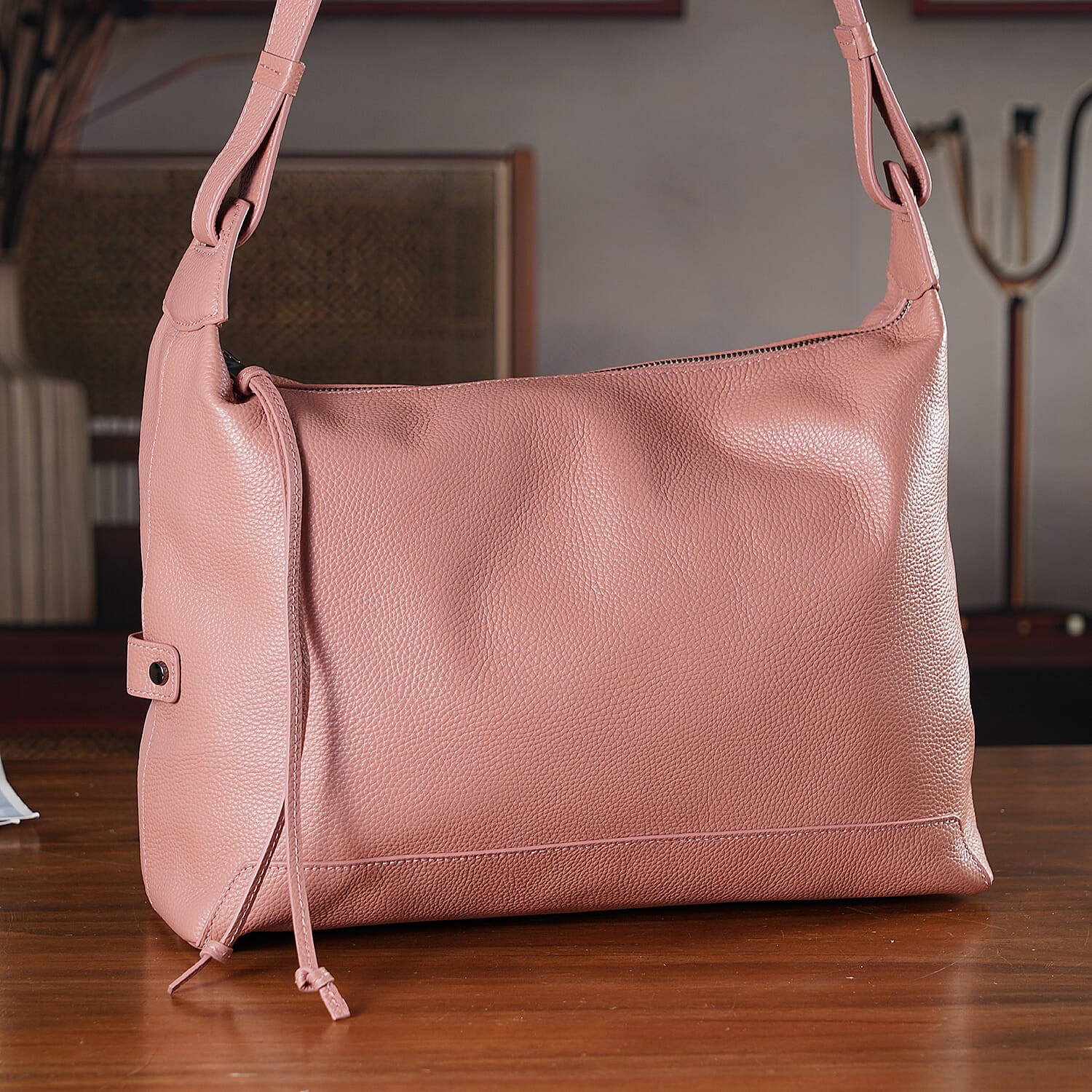 Genuine Leather Hobo Shoulder Bag With Adjustable Strap - Pink