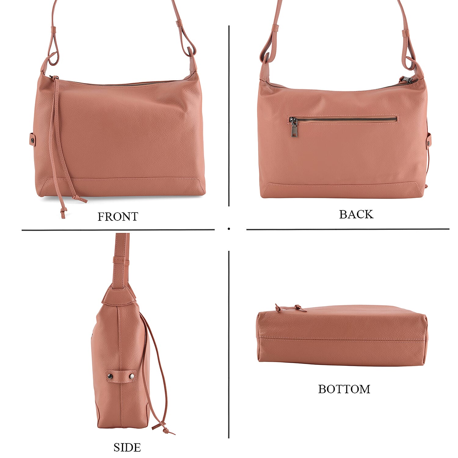 Genuine Leather Hobo Shoulder Bag With Adjustable Strap - Pink