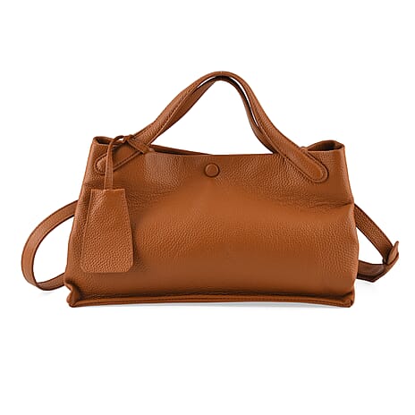 Valissiere Genuine Leather Designer Inspired Structured Top-Handle Bag With Leather Clochette Accent And Crossbody Strap - Windsor Tan