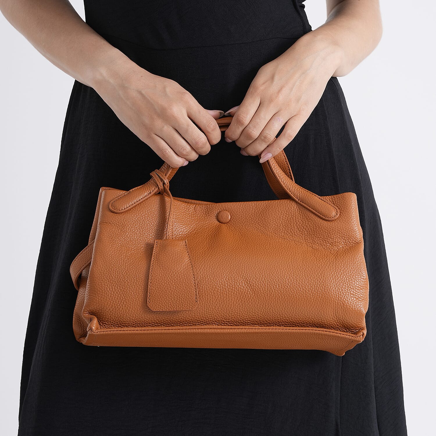 Valissiere Genuine Leather Designer Inspired Structured Top-Handle Bag With Leather Clochette Accent And Crossbody Strap - Windsor Tan
