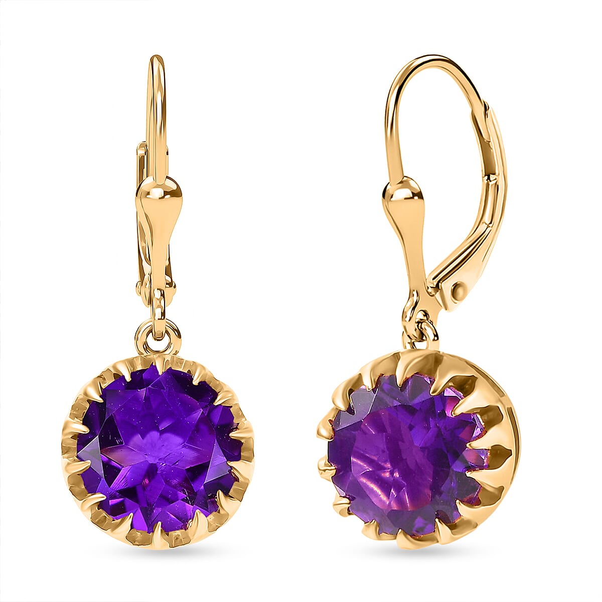 D'Joy AAA African Amethyst Solitaire Lever Back Earring in Yellow Gold Plated Sterling Silver 5.06 Ct.