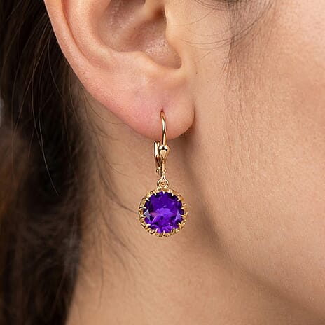 D'Joy AAA African Amethyst Solitaire Lever Back Earring in Yellow Gold Plated Sterling Silver 5.06 Ct.