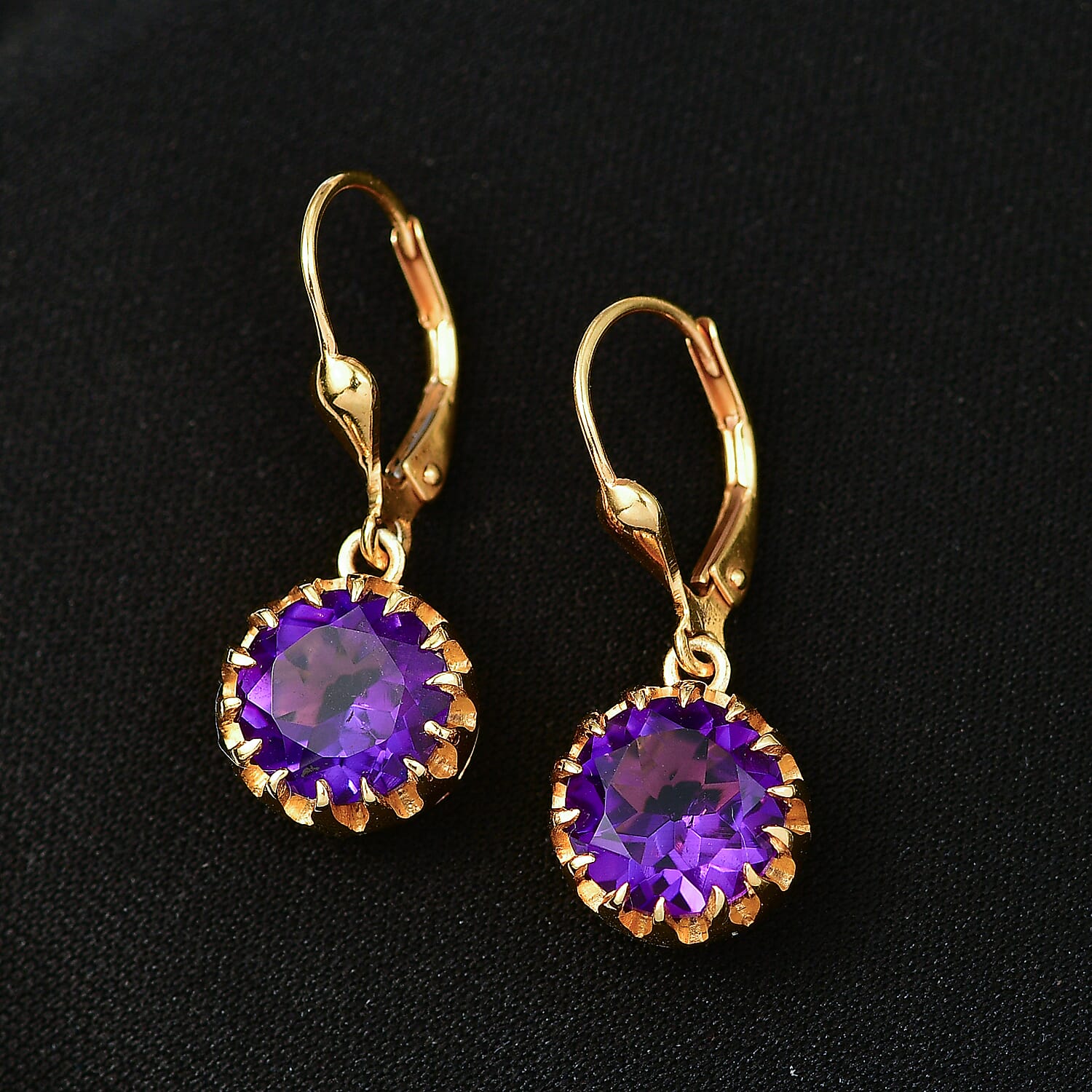 D'Joy AAA African Amethyst Solitaire Lever Back Earring in Yellow Gold Plated Sterling Silver 5.06 Ct.