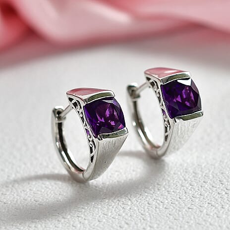 D'Joy - AAA African Amethyst Solitaire Hoop Earring in Platinum Overlay Sterling Silver 3.00 Ct.