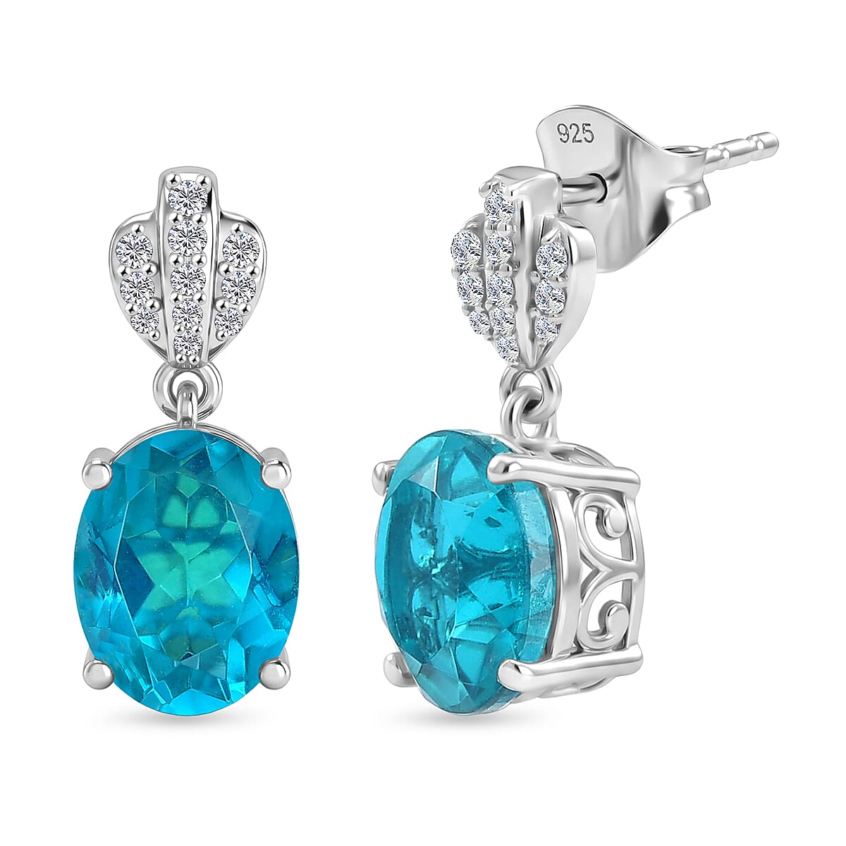D'Joy Capri Blue Quartz & White Zircon Dangling Push Post Earring in Platinum Overlay Sterling Silver 4.55 Ct.