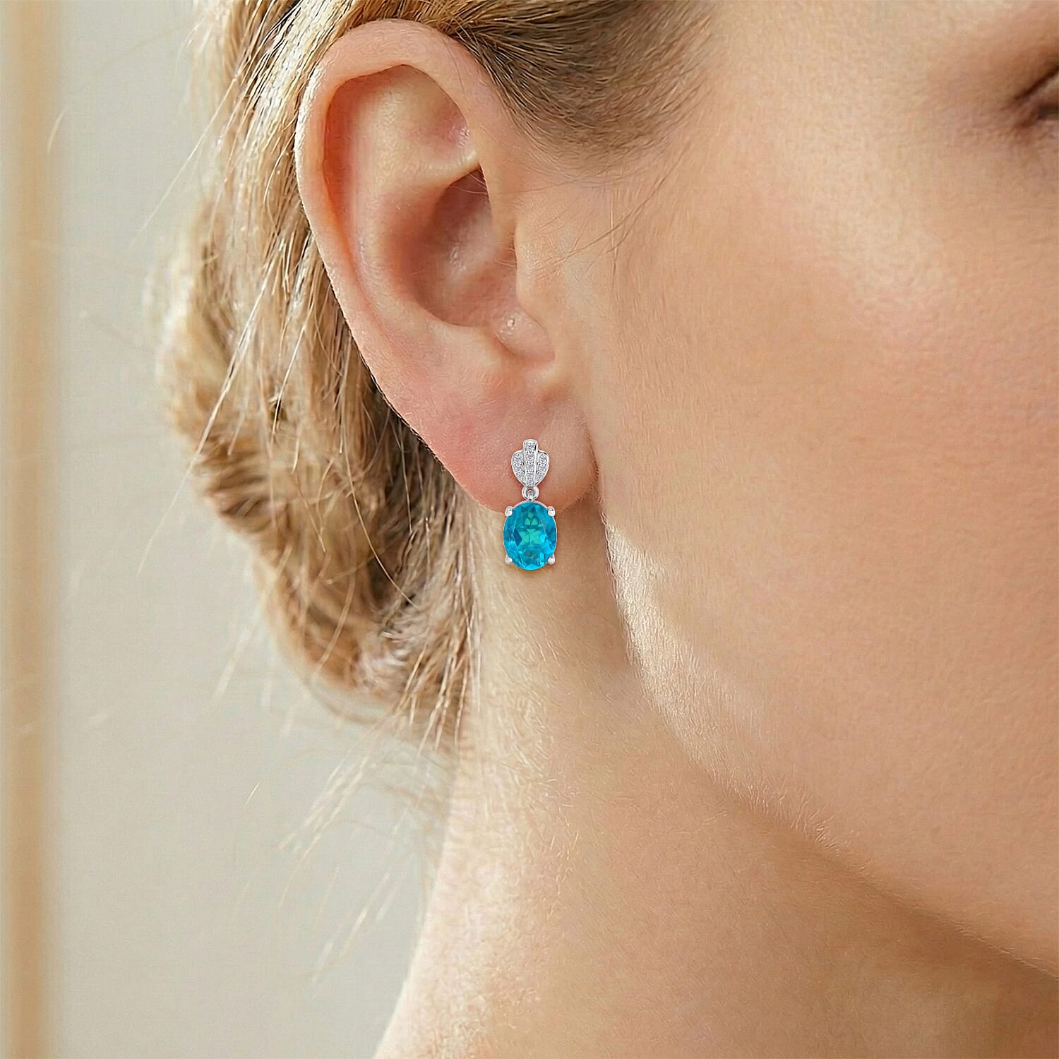 D'Joy Capri Blue Quartz & White Zircon Dangling Push Post Earring in Platinum Overlay Sterling Silver 4.55 Ct.