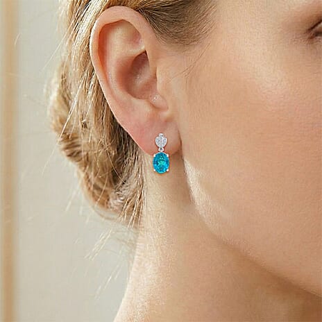 D'Joy Capri Blue Quartz & White Zircon Dangling Push Post Earring in Platinum Overlay Sterling Silver 4.55 Ct.
