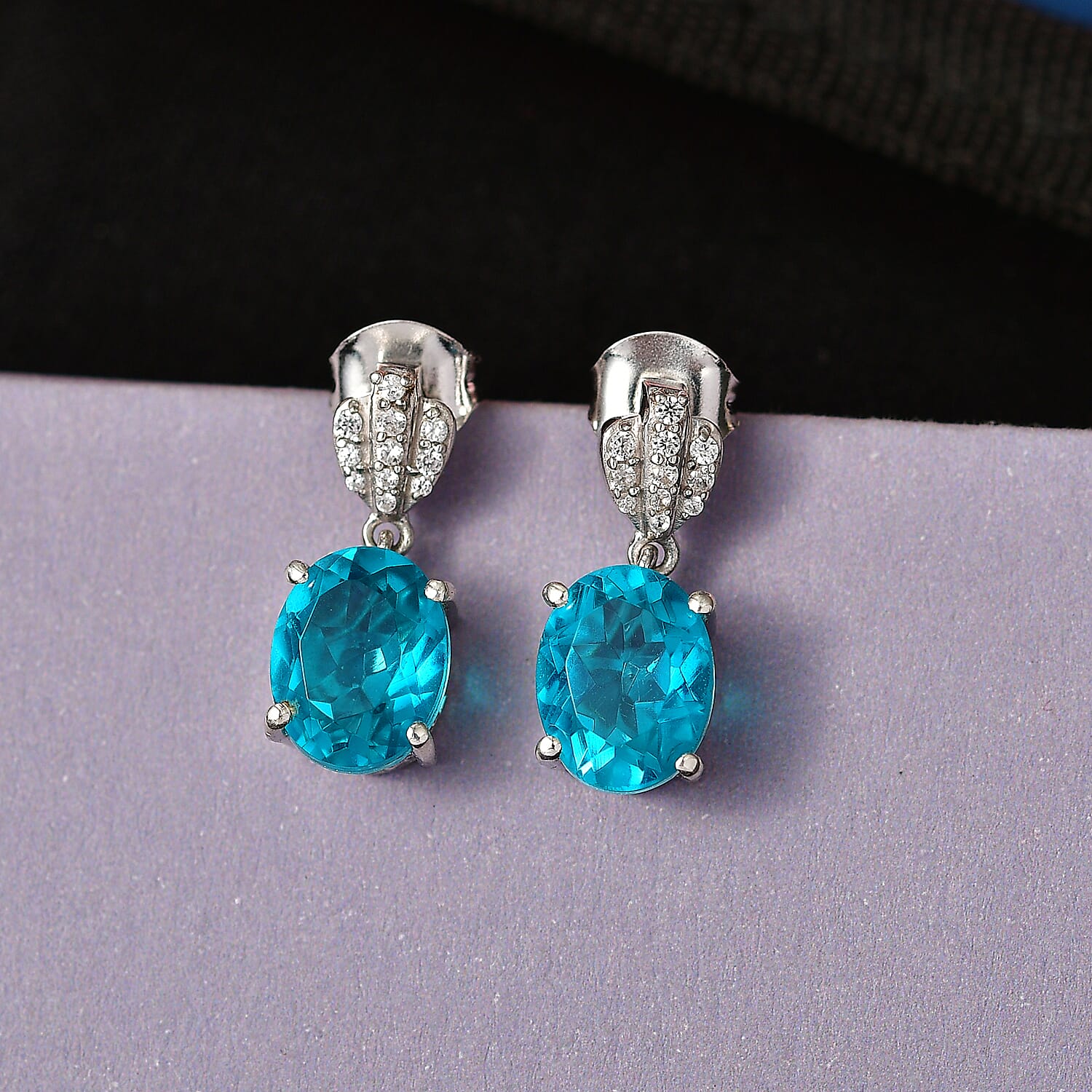 D'Joy Capri Blue Quartz & White Zircon Dangling Push Post Earring in Platinum Overlay Sterling Silver 4.55 Ct.