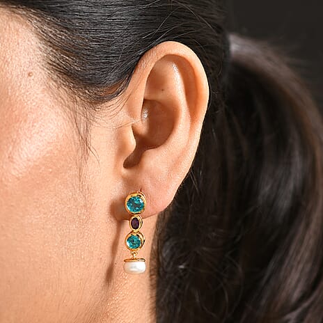 D'Joy Capri Blue Quartz, Fresh Water Pearl & African Amethyst Dangling Earring with Push Back in Yellow Gold Plated Sterling Silver 8.40 Ct.