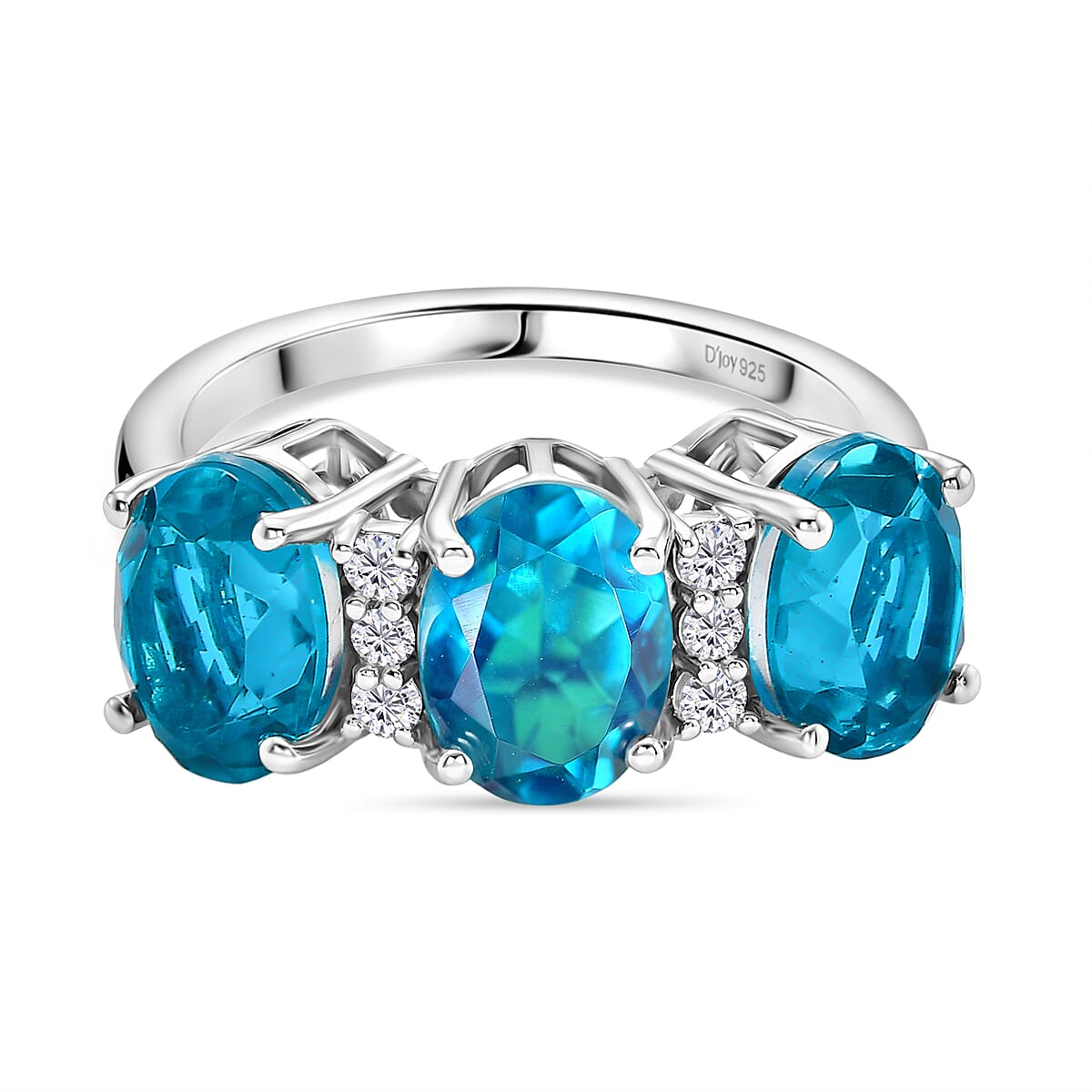 D'Joy Capri Blue Quartz & White Zircon 3 Stone Ring in Platinum Overlay Sterling Silver 4.79 Ct.