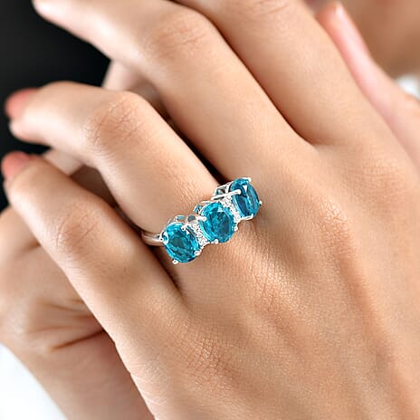 D'Joy Capri Blue Quartz & White Zircon 3 Stone Ring in Platinum Overlay Sterling Silver 4.79 Ct.