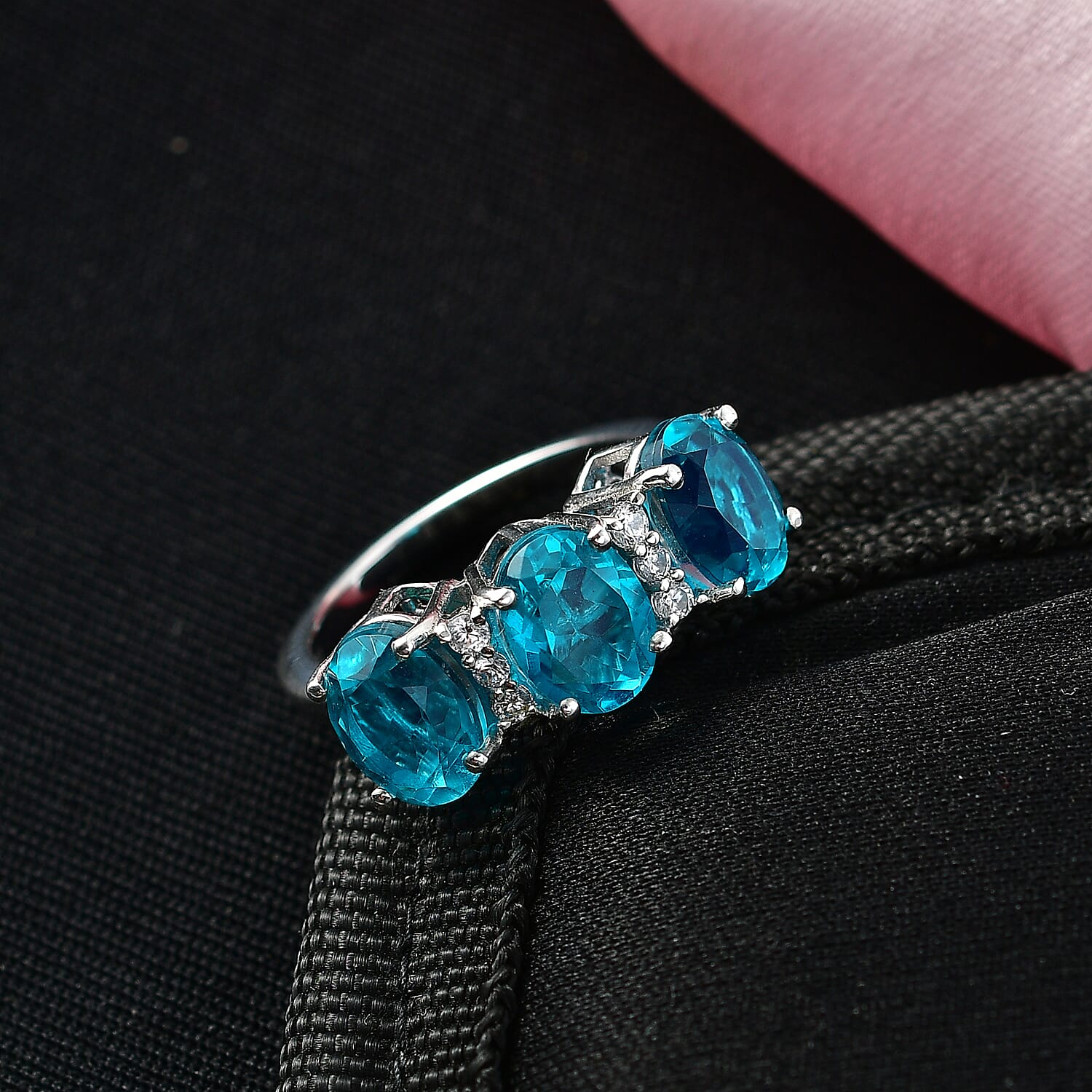 D'Joy Capri Blue Quartz & White Zircon 3 Stone Ring in Platinum Overlay Sterling Silver 4.79 Ct.