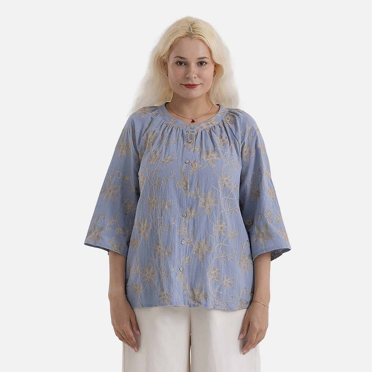 La Marey Cotton Embroidered Short Sleeve Top (Size - S-M, 8-10) - Light Blue