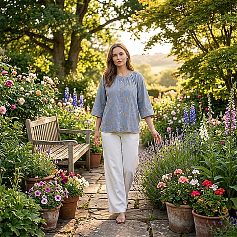 La Marey Cotton Embroidered Short Sleeve Top (Size - S-M, 8-14) - Light Blue